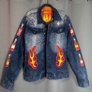 Bornfly denim jacket with flame and hot sauce patches #punkrock #streetwear